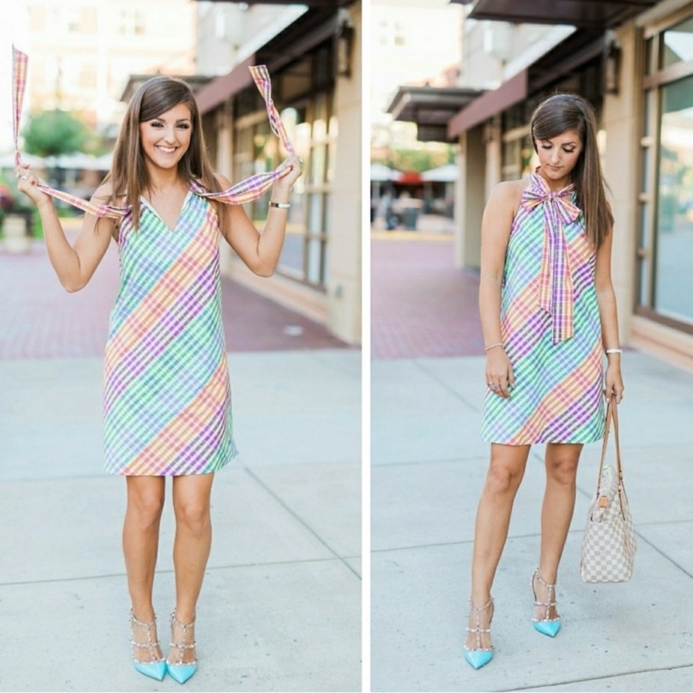 J.Crew Tie Neck Rainbow Gingham Dress Size 8 Plaid Preppy Bow Summer - Picture 5 of 16